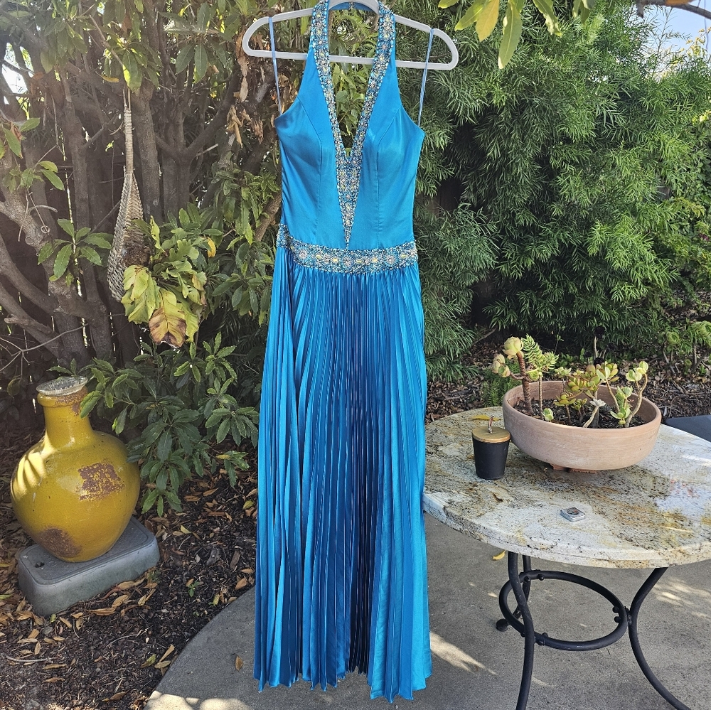 Interlude Beaded Turquoise Blue Halter Evening Gown/Prom Dress
